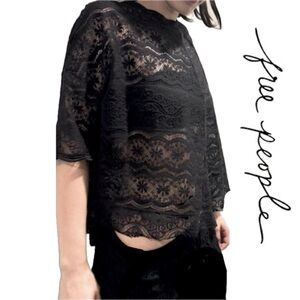 {FREE PEOPLE} Semi-sheer Black Crochet Lace Boatneck Top • Size XS